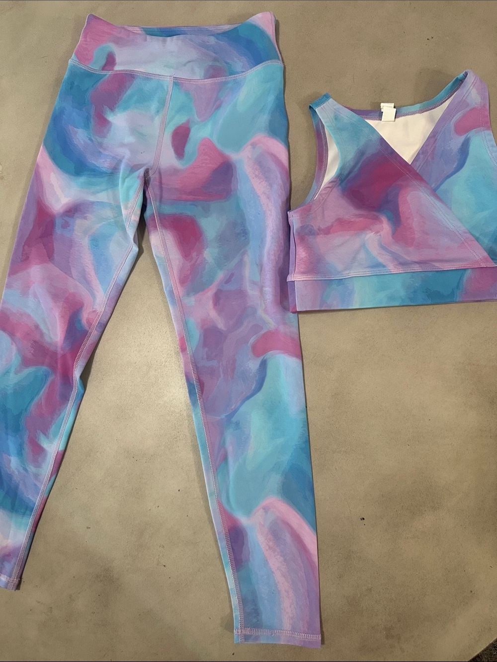Zella Colorful Marble Print Legging & Sports Bra Set - Blue Purple Pink